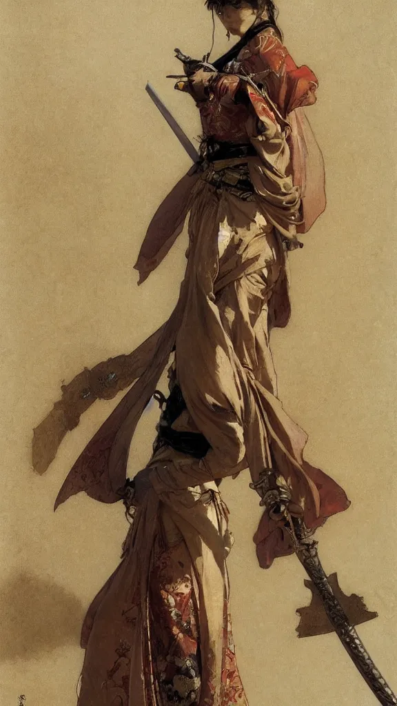 Image similar to modern elegant tanned female samurai ninja, with large sword, open exposed back, wide leg hakama trousers, by gaston bussiere, mucha, gerome, craig mullins, greg rutkowski, john singer sargent