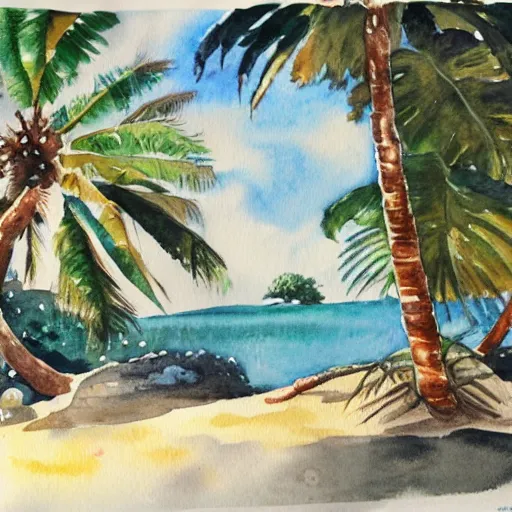 Prompt: a watercolor painting of a tropical island