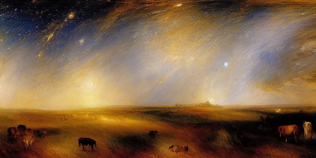 Prompt: stunning farm landscape with sky full of galaxies by j. m. w turner