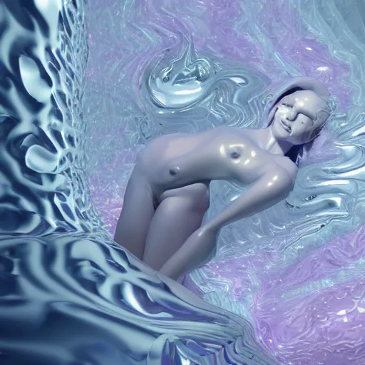 Prompt: 3 d fluid simulation render, octane render, xparticles, white colors, female bodies, white carved abstract sculpture, amethyst mineral quartz, swirly curls, abstract white fluid, golden edges and fractals