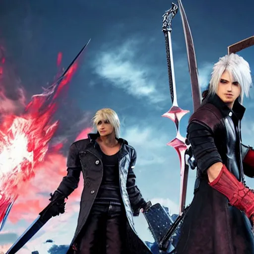 Prompt: Dante from Devil May Cry 5 and Cloud Strife from Final Fantasy VII Remake fighting with their swords, fantasy, shot on iphone, hyperrealism 8k,