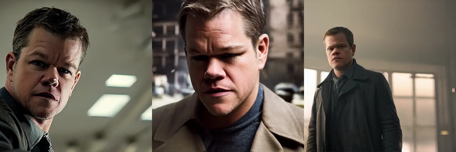 Prompt: close-up of Matt Damon as a detective in a movie directed by Christopher Nolan, movie still frame, promotional image, imax 70 mm footage