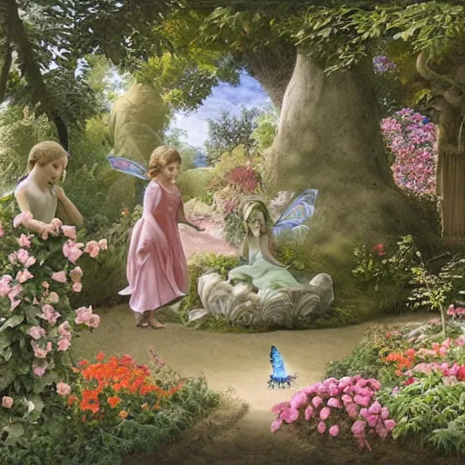 Image similar to a whimsical garden scene. In the art installation, a young girl can be seen playing among the flowers and trees, while a fairy watches over her. blueprint by Raphael Lacoste, by Kent Monkman ghastly