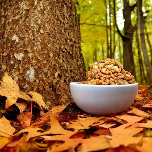 Image similar to a distant photo of a bowl of cereal on a forest floor in autumn while a shadowy man hides behind a tree