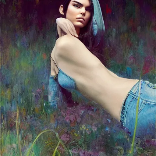 Prompt: fashion model kendall jenner by Ron English by Richard Schmid by Jeremy Lipking by moebius by atey ghailan