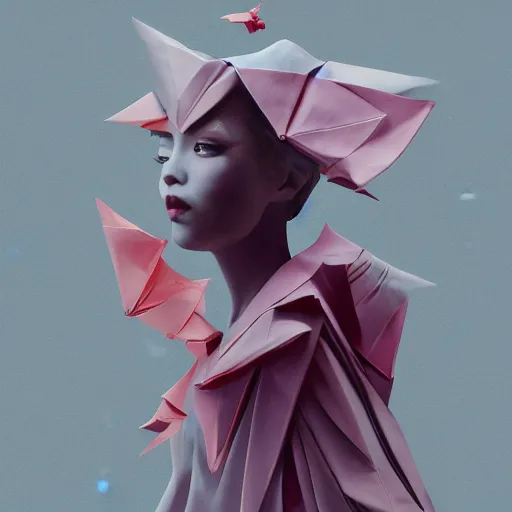 Image similar to 3 / 4 view of a beautiful girl wearing an origami dress, eye - level medium shot, elegant, by eiko ishioka, givenchy, by peter mohrbacher, centered, fresh colors, origami, fashion, detailed illustration, vogue, high depth of field, japanese, reallusion character creator