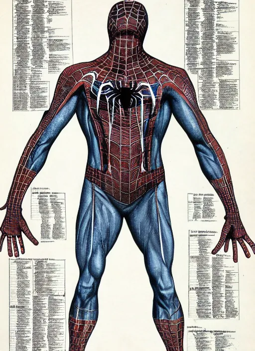 Prompt: old anatomical chart of Spiderman