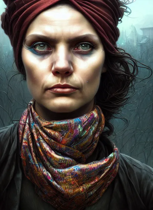 Prompt: closeup portrait shot of a glitched woman wearing a bandana in a scenic dystopian environment, intricate, elegant, highly detailed, centered, digital painting, artstation, concept art, smooth, sharp focus, illustration, artgerm, tomasz alen kopera, peter mohrbacher, donato giancola, joseph christian leyendecker, wlop, boris vallejo