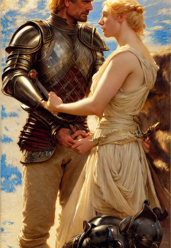 Image similar to attractive fully clothed jaime lannister confesses his love for attractive fully armored brienne of tarth. tender looks. highly detailed painting by gaston bussiere and j. c. leyendecker 8 k