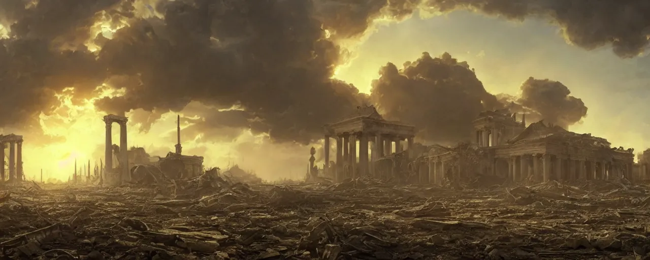 Prompt: A beautiful hyper realistic detailed matte painting of the destroyed Capitolium after nuclear bomb | post-apocalyptic landscape at early sunrise | a lot of debris and burned bushes and trees | by John Howe and Andreas Rocha and Martin Johnson Heade and Albert Bierstadt, Fallout style | unreal engine, trending on artstation, golden ratio, rectilinear