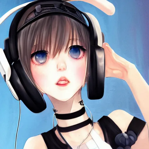 Image similar to realistic teasing detailed semirealism beautiful gorgeous cute Blackpink Lalisa Manoban white hair white cat ears blue eyes, wearing black camisole outfit, headphones, black leather choker full HD 4K high resolution quality WLOP, Aztodio, Taejune Kim, Guweiz, Pixiv, Instagram, Artstation