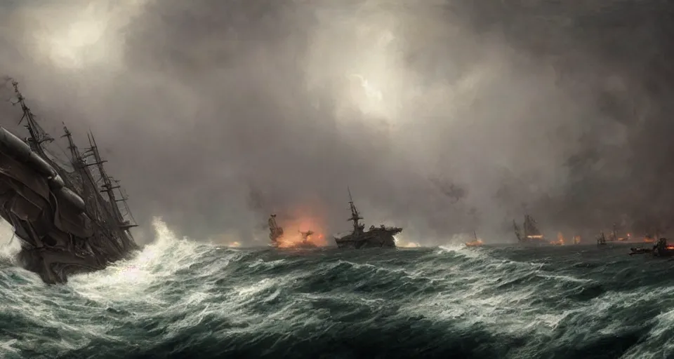 Prompt: giant enormous fierce sailing battleship, raging sea foggy, dramatic, action scene, stormy background, shipfleet on the horizon, high detail, greg rutkowski, james gurney, gene wolfe, gustave dore, jesper ejsing, rhads, makoto shinkai, ilya kuvshinov