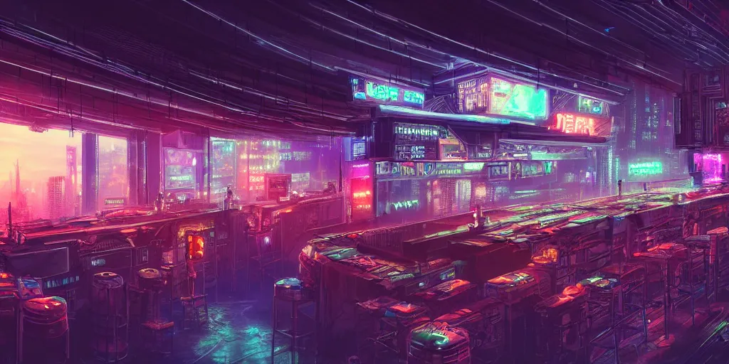 Prompt: an intricate concept art of a party bar on top of a building inside a megastructure city overviewing destroyed city, cyberpunk neon light district, sci-fi, cinematic lighting, hyper realistic, art by dylan cole, detailed matte painting, digital art, sci-fi film color palette