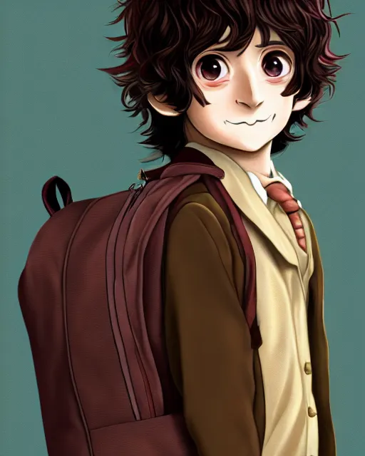 Image similar to portrait Anime joyful Hobbit Frodo Baggins; velvet brown jacket, backpack, Shire background || cute-fine-face, pretty face, realistic shaded Perfect face, fine details. Anime. realistic shaded lighting by brom