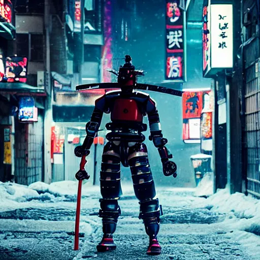 Prompt: a samurai robot with neon kanji tattoos and wheel legs gripping a perfectly detailed full-length katana in their hand with a badass pose. Snowy Grungy neon cyberpunk alleyways in the background Badass pose , Photo realistic , Gregory Crewdson , Award winning. Masterpiece, exquisite detail, post processing