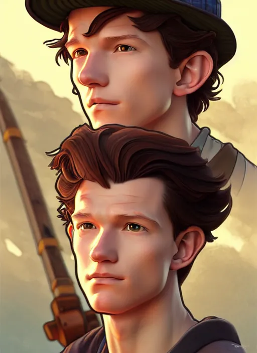 Image similar to cute fisherman tom holland, natural lighting, path traced, highly detailed, high quality, digital painting, by don bluth and ross tran and studio ghibli and alphonse mucha, artgerm