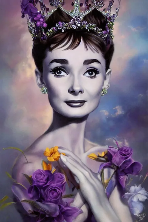 Image similar to closeup portrait fine art photo of the beauty audrey hepburn, perfect eyes, she has a crown of stunning flowers and dress of purple and gold satin and gemstones, background full of stormy clouds, by peter mohrbacher