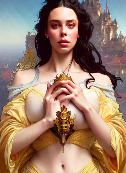 Image similar to lana rhoades as queen, incredibly detailed face, true anatomy, art by artgerm and greg rutkowski and alphonse mucha
