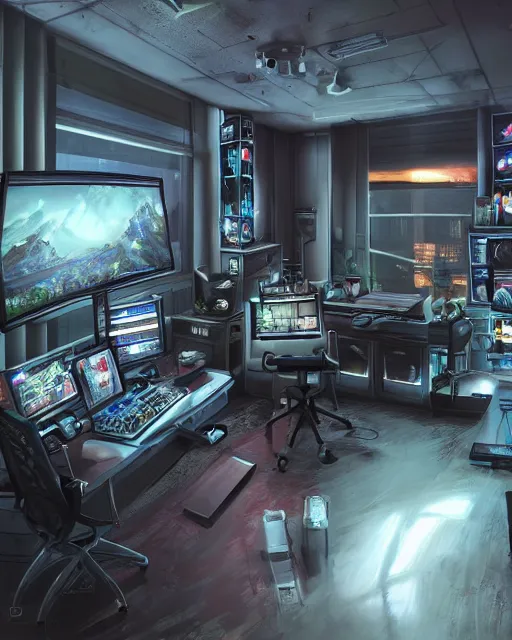 Image similar to artstation scifi scene of a complex computer workstation in a small studio apartment room, many monitors, many electronics, a sunset window view, a floor plant, very detailed, maximalism, ambient occlusion, volumetric light, atmospheric haze, unreal engine, hyper realism, realistic shading, cinematic composition, realistic render, octane render, detailed textures, photorealistic, wide shot