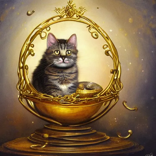 Image similar to long shot of a cute cat nesting in a golden metal crown, by esao andrews, by m. w. kaluta, volumetric light, fresh colors, ultra humorous oil painting, realistic reflections, floral background, smooth, concept art, depth perception, high depth of field, 4 k, unreal engine 5, ultradetailed, hyperrealistic, trending on artstation