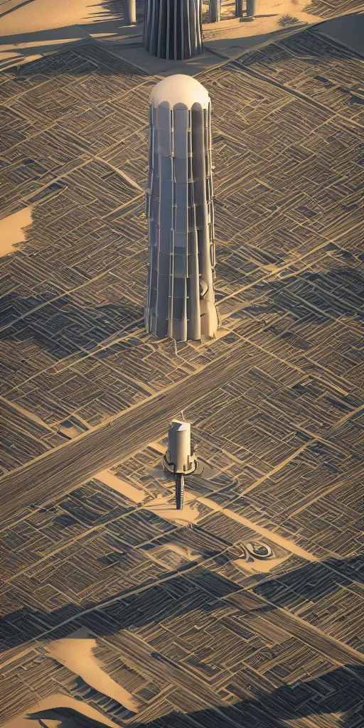 Prompt: massive vertical grand prix race, ancient tower of babylon, white architecture, cerro dominador radial vertical solar power plant in the desert, trending on artstation, featured on behance, octane render, award winning, archviz, matte painting, epic