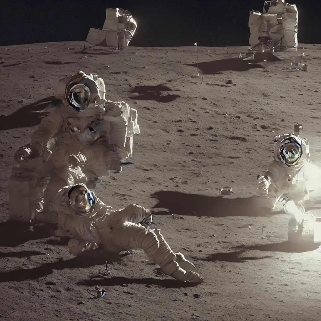 Image similar to A highly photographic render of astronaut on the Moon, sitting on a concrete bench reading a book, rim lighting, cinematic lighting, octane engine, photo realistic image, 4K, super detailed, cinematic look