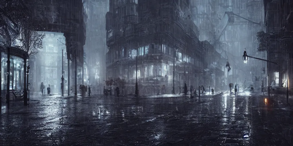 Prompt: a cold and melancholic city in a dark cavern, rainy and gloomy atmosphere, fantasy digital art, octane render, beautiful composition, trending on artstation, award - winning photograph, masterpiece