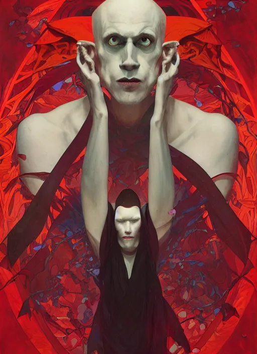 Image similar to symmetry! portrait of nosferatu, bats, red splash aura in motion, floating pieces, painted art by tsuyoshi nagano, greg rutkowski, artgerm, alphonse mucha, spike painting