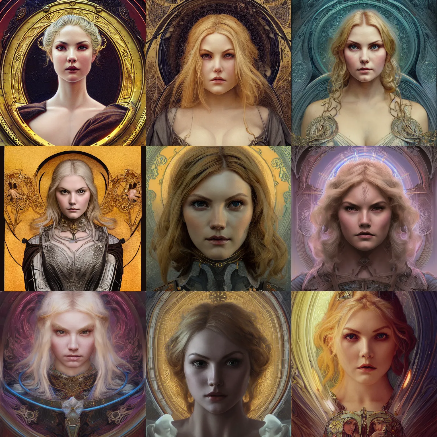 Prompt: masterpiece head-on symmetrical centered portrait, Elisha Cuthbert as a paladin, blonde hair, art nouveau, gothic, victorian, elegant, distant, in the style of Edgar Maxence and Ross Tran and Zdzisław Beksiński and Michael Whelan and Mucha and Gustave Doré, specular highlights, 8k, octane render