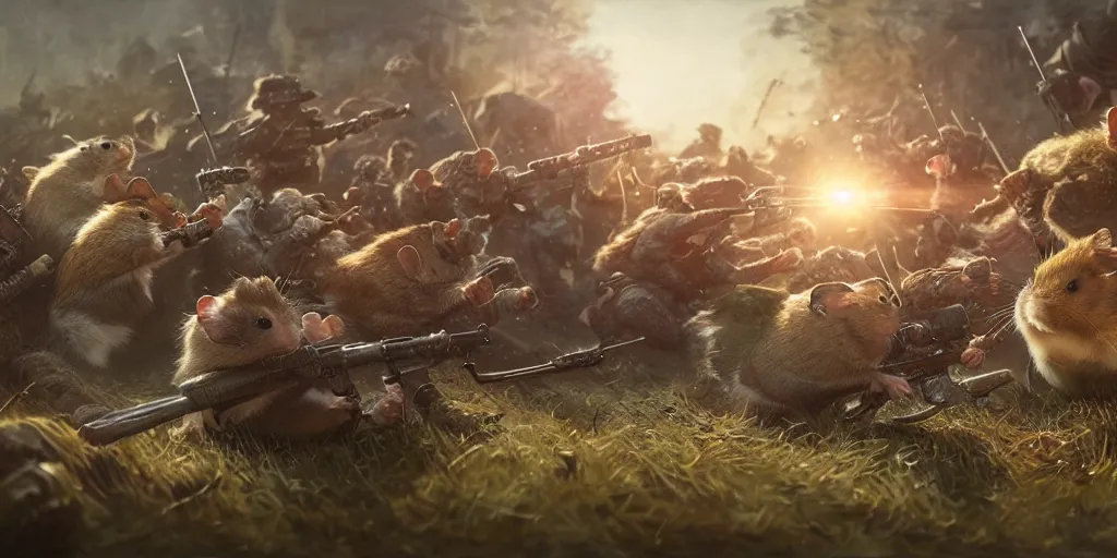 Image similar to highly detailed image of hamsters in a battle, hamsters, hamsters holding rifles, stephen bliss, unreal engine, fantasy art by greg rutkowski, global illumination, radiant light, detailed and intricate environment