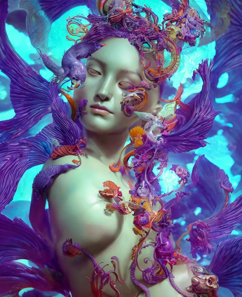 Image similar to goddess full color painted acryllic sculpture close-up portrait. orchid bird phoenix head, nautilus, skull, betta fish, bioluminiscent creatures, intricate artwork by Tooth Wu and wlop and beeple. octane render, trending on artstation, greg rutkowski very coherent symmetrical artwork. cinematic, hyper realism, high detail, octane render, 8k