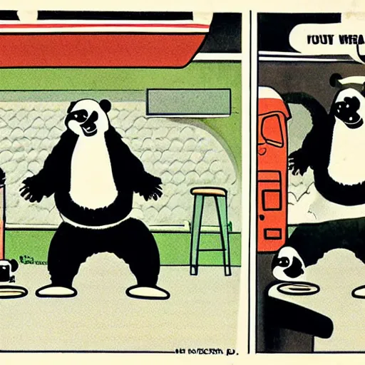 Image similar to a humorous full - color comic illustration from a 1 9 7 0 s issue of mad magazine in which an anthropomorphic panda walks into a bar and then eats, shoots, and leaves.