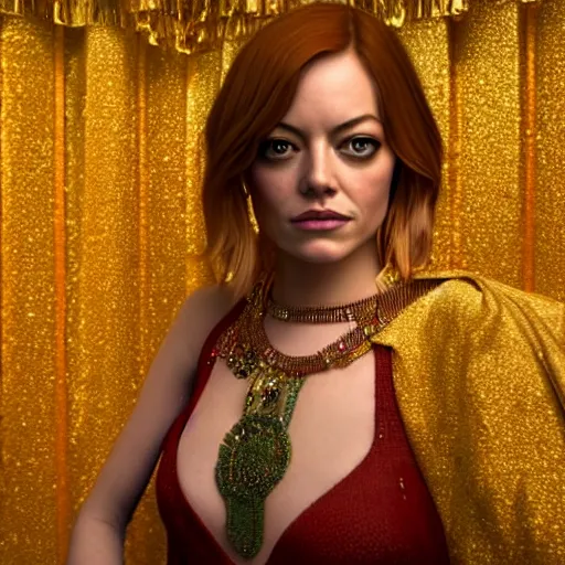 Image similar to full body portrait of emma stone, she is dressed as a belly dancer,, arabian night, in focus sharp face with fine details, a human hand in a video game, volumetric lightening, octane render, high quality, fully detailed, 4 k, alphonse mucha, masterpiece, stunning
