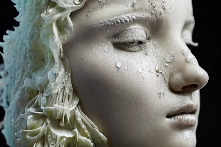 Prompt: a sculpture of a beautiful woman with flowing tears, fractal flowers on the skin, intricate, a marble sculpture by nicola samori, behance, neo - expressionism, wax sculpture, apocalypse art, made of mist, still frame from the prometheus movie by ridley scott with cinematogrophy of christopher doyle, arri alexa, anamorphic bokeh, 8 k