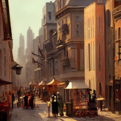 Image similar to beautiful color painting of a cityscape of an 1 8 0 0 s busy city, highly detailed, trending on artstation