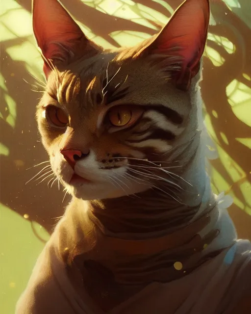 Image similar to highly detailed vfx portrait of a ferocious cat, stephen bliss, unreal engine, greg rutkowski, loish, rhads, beeple, makoto shinkai and lois van baarle, ilya kuvshinov, rossdraws, tom bagshaw, alphonse mucha, global illumination, detailed and intricate environment