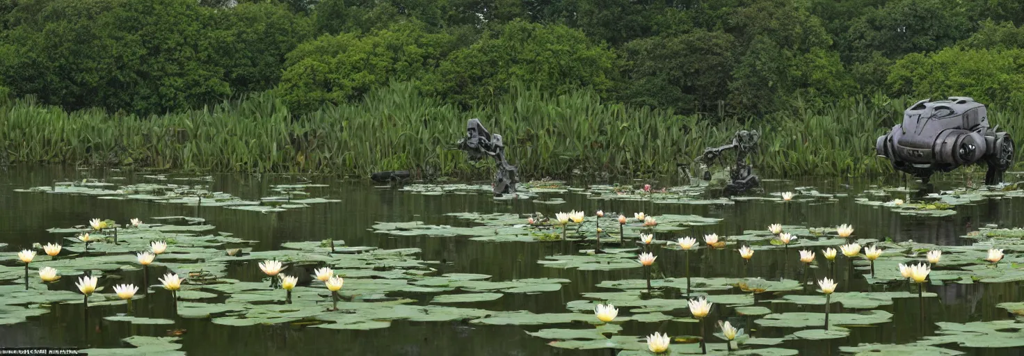 Image similar to A large combat robot lies in the shallow waters of a lake in front of an abandoned cityat sun dawn, water lilies float on the surface of the water