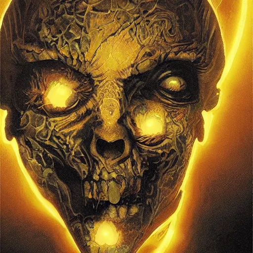 Image similar to divine zombie head symbol glowing in white yellow light spell scroll art by artgerm and greg rutkowski and Craig Mullins, James Jean, Andrey Ryabovichev, Mark Simonetti and Peter Morbacher 16k