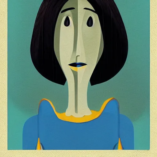 Prompt: “Coraline movie ‘other mother’ portraiture, art deco, 1950’s, solid shapes”