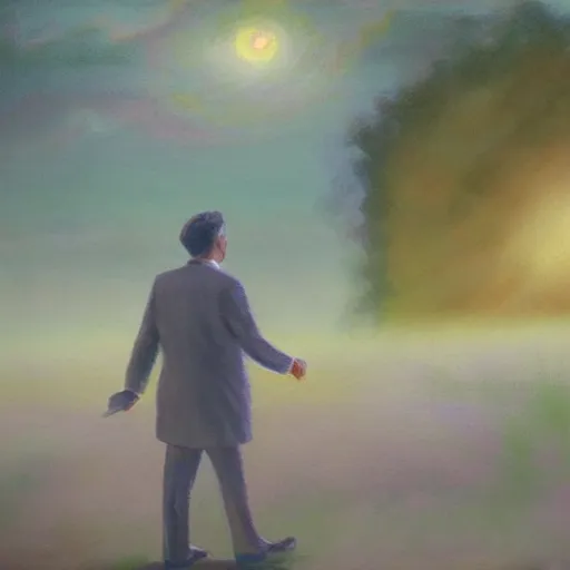 Image similar to a hazy painting of a Jehova’s Witness spreading the word