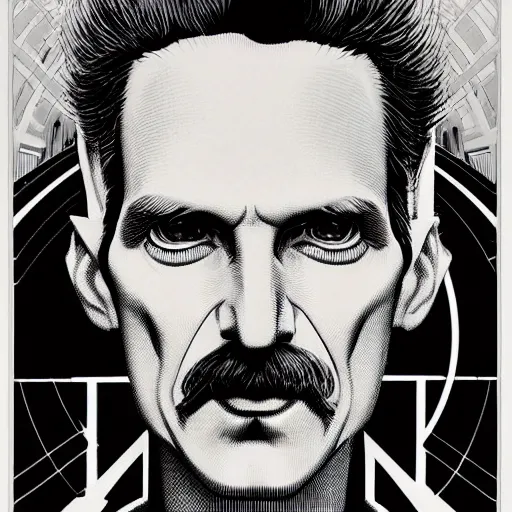 Image similar to portrait of nikola tesla, symmetrical, by yoichi hatakenaka, masamune shirow, josan gonzales and dan mumford, ayami kojima, takato yamamoto, barclay shaw, karol bak, yukito kishiro