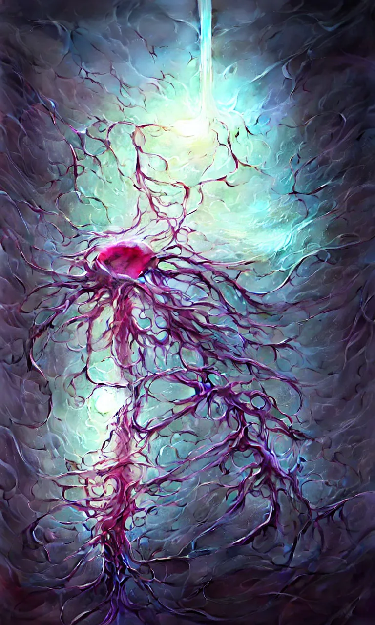 Prompt: internal lymphocyte virion rawandrendered synaptic fractality transmission embryonic umbilical child figure glial neurons cyberpunk nerve cells microscopic hyphae by wojtekfus facey rossdraws. neuronal iridescent megacity neuron synapse by beksinski. # imaginativerealism