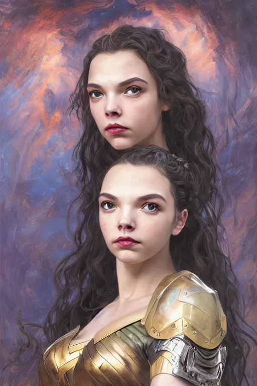 Image similar to A fantasy comic book style portrait painting of, hybrid of Gal Gadot, Anya Taylor-Joy, as a Mystical Valkyrie, a beautiful female Reptilian warrior, Regal, Realistic, Refined, Detailed Digital Art, Josephine wall, Oil Painting, William-Adolphe Bouguereau, Art Frahm, Esao Andrews, Steampunk, Walt Disney (1937), Highly Detailed, Cinematic Lighting, Unreal Engine, 8k, HD