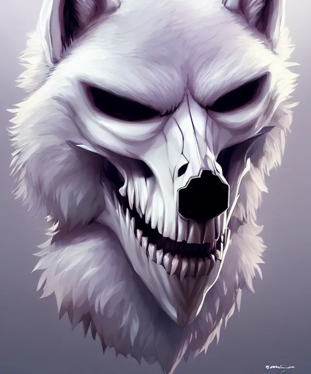 Image similar to male anthropomorphic white wolf skull furry, cute - fine - face, pretty face, key visual, realistic shaded perfect face, fine details by stanley artgerm lau, wlop, rossdraws, james jean, andrei riabovitchev, marc simonetti, and sakimichan, trending on artstation