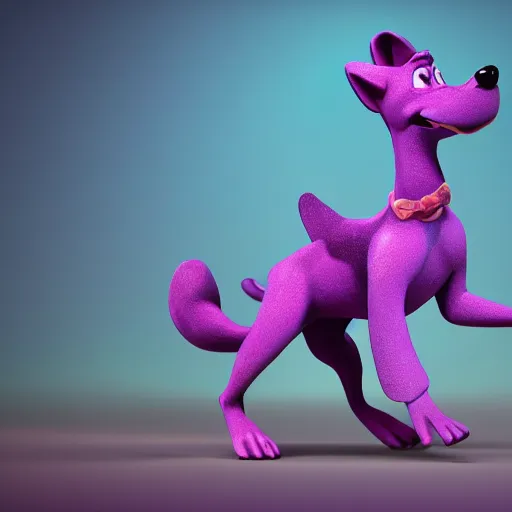 Prompt: a beautiful 3d render of a purple dog in a disney movie, in the style of disney, pixar, the dog is doing a ballet dance, highly detailed, 8k resolution