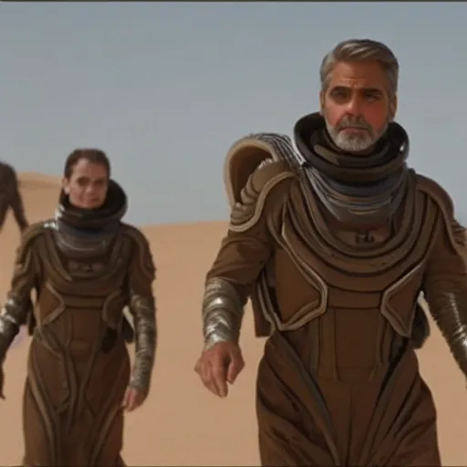 Prompt: george clooney in dune, directed by denis villeneuve, cinestar colour, anamorphic