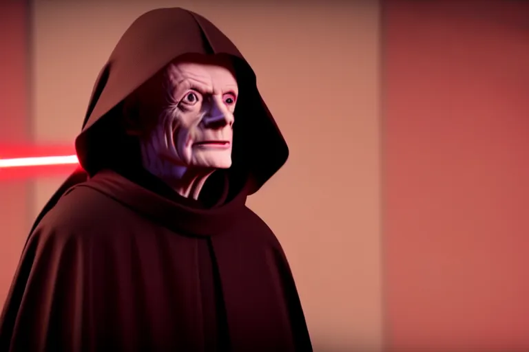 Image similar to a cinematic still of (Ian McDiarmid!!!) as palpatine, wearing sith hood, Ian McDiarmid, ((octane render, nvidia raytracing demo)), ((((lightning)))), masterpiece