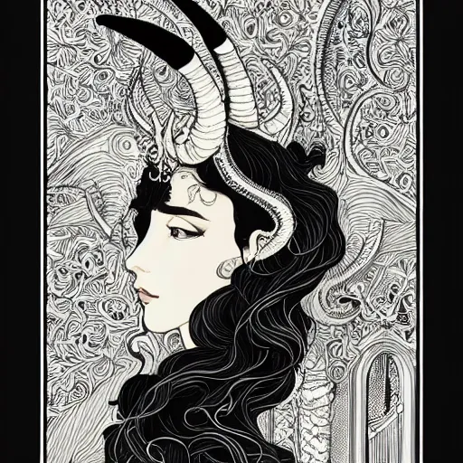 Image similar to filigree detailed illustration portrait of a profile of gypsy half - girl half - goat with long curly hair and big goat horns on her head, aubrey beardsley, tomer hanuka, makoto shinkai