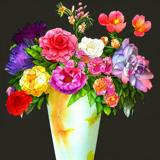 Prompt: a porcelain vase with a colorful and beautiful flower arrangement. very stylize and delicate watercolor and pencil draw + 7 xing. beautiful lighting, 4 k post - processing, trending in art station, cg society, highly detailed, 5 k extremely detailed