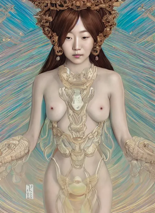 Image similar to beautiful Korean celestial Goddess wearing a luxurious space battle suit exposed in cryo chamers by James Jean, captivating look, intricate, elegant, highly detailed, centered, digital painting, artstation, concept art, smooth, sharp focus, illustration, at the Salar De Uyuni, Hexagonal formations on the surface of salt crystallization, combined between sedimentary deposits, bubbling geysers, interstellar night reflection of the sky, intricate, elegant, luxurious, digital painting, concept art, smooth, sharp focus, from Star Trek 2021, illustration, by WLOP and Peter Mohrbacher and Boris Vallejo